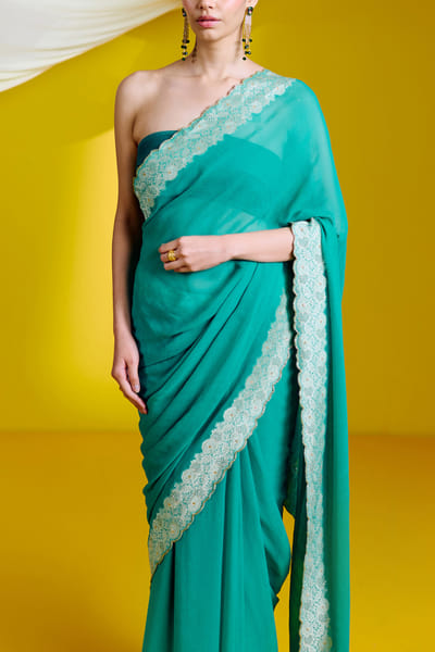 Ekaya Green floral banarasi cutwork sari set EKYJAN24D204
