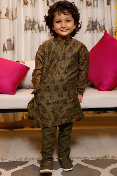 Green floral block print embroidery kurta set