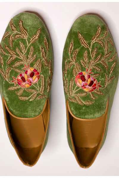 Green floral dabka embroidery loafers