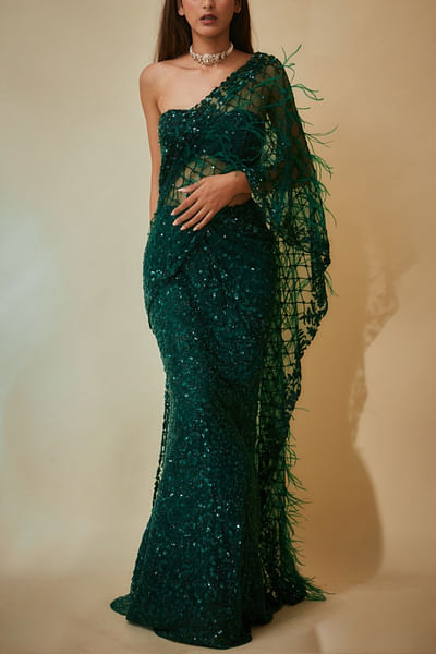 Green floral draped mermaid sari set