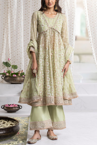 Green floral embroidered anarkali and pants