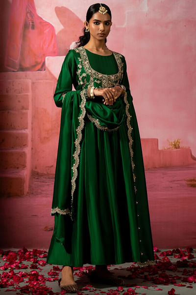 Green floral embroidered jacket anarkali set