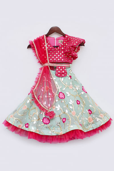 Green floral embroidered lehenga set