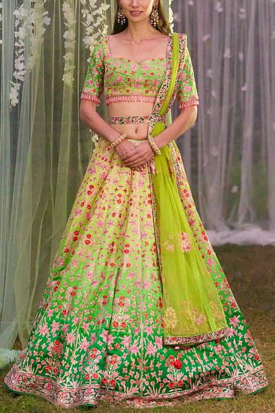 Green floral embroidered lehenga set