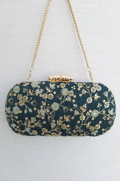 Green floral embroidery capsule clutch