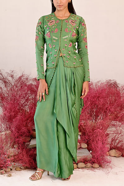 Green floral embroidery draped skirt set