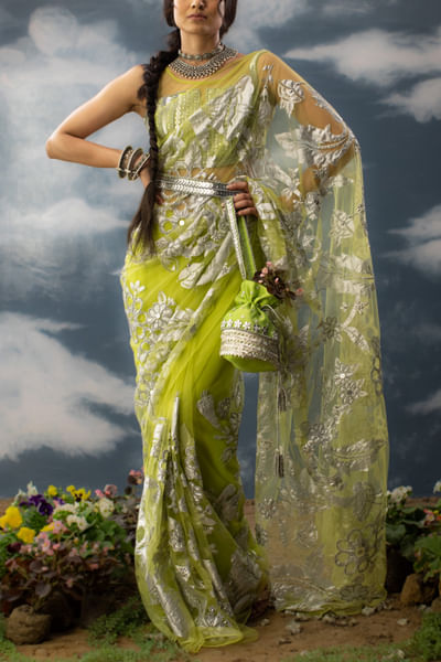Green floral jaal patchwork sari set