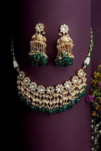 Green floral jadau kundan choker set