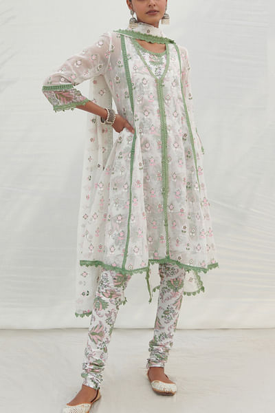 Green floral motif print cotton kurta set