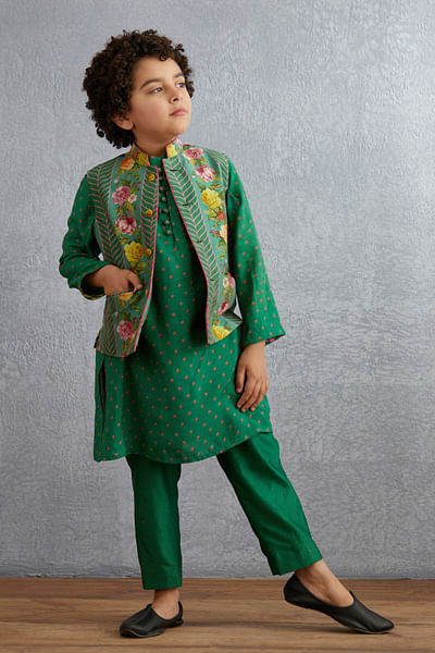 Green floral print bandi kurta set