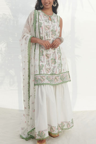 Green floral print cotton gharara set