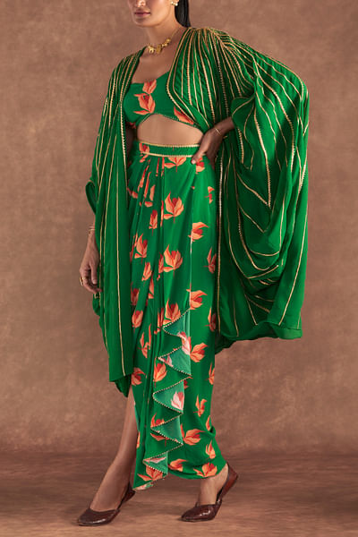 Green floral print draped cape set