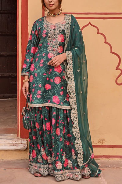 Green floral print embroidered sharara set