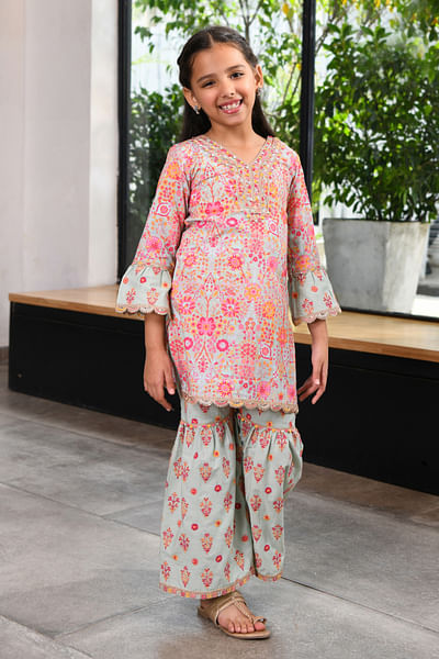 Green floral print gharara set