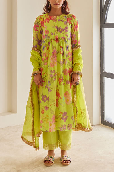 Green floral print kurta set