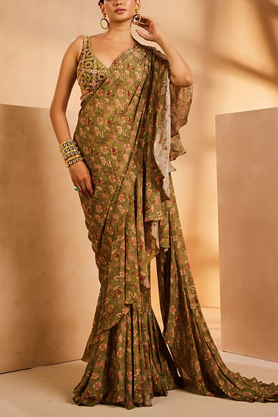 Green floral print ruffled pre-draped sari set