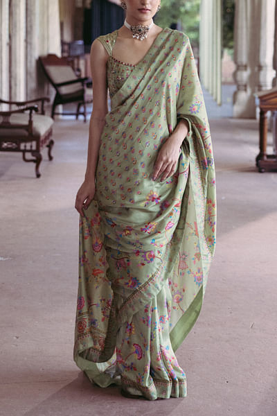 Green floral print saree set