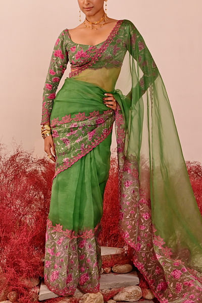 Green floral print sari
