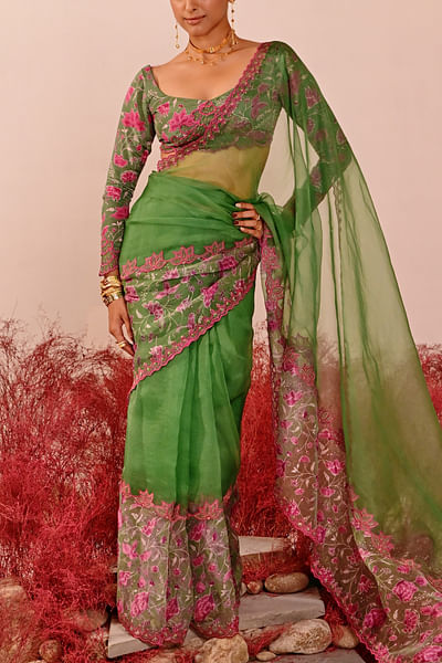 Green floral print sari set