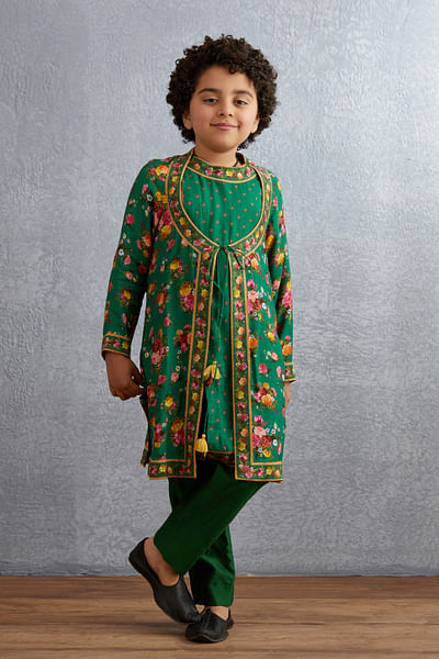 Green floral print tie-up woven kurta set