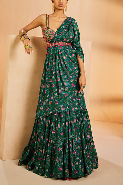Green floral print tiered pre-draped sari set