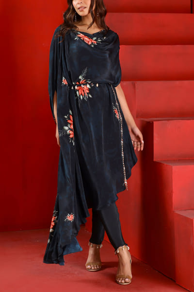 Green floral printed kaftan tunic set