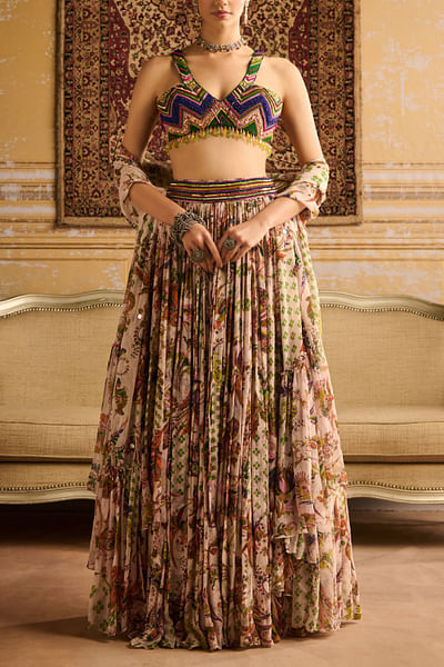 Green floral printed lehenga set