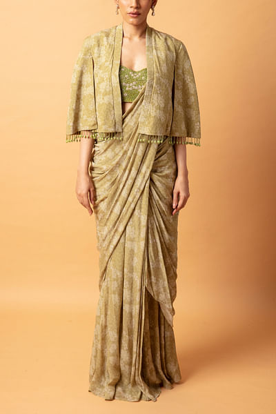 Green floral printed pre-stitched saree set