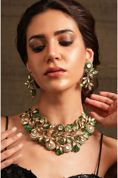 Green floral stone and polki necklace set