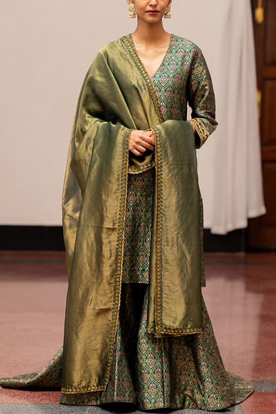 Green floral woven gharara set