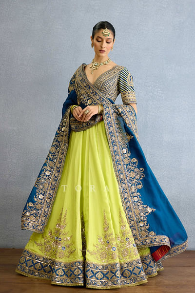 Green floral zari embroidered lehenga set