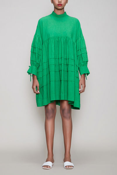 Green frills and pleats detailed cotton dress