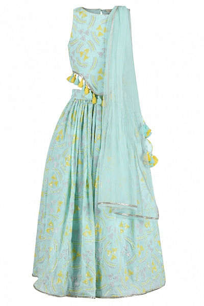 Green geometric print lehenga set