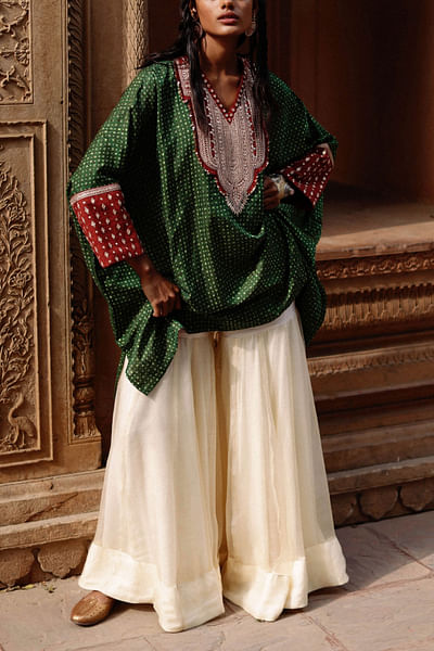 Green handblock printed kaftan set