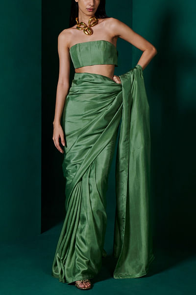 Green handwoven silk saree set