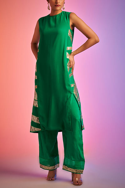 Green heavy sequins applique embellished kurta