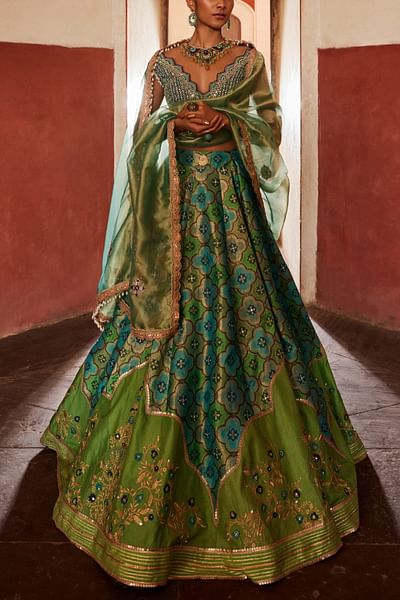 Green jharokha-inspired banarasi lehenga set