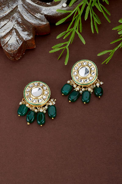 Green kundan and bead stud earrings