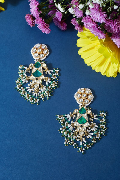 Green kundan and pearl earrings