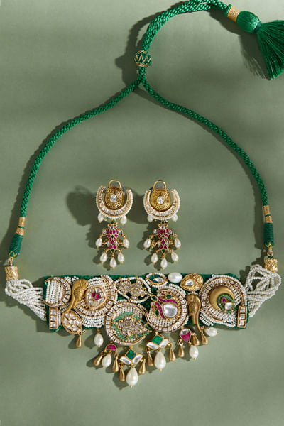 Green kundan and polki choker set