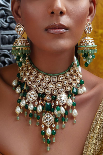 Green kundan polki embellished necklace set