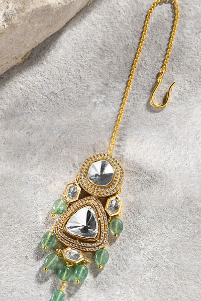 Green kundan polki maang tikka