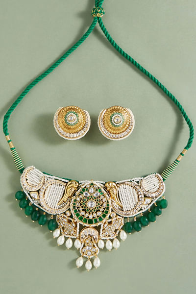 Green kundan polki studded choker set