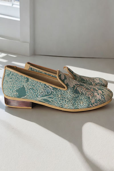 Green leaf and floral print loafers