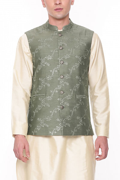 Green leaf embroidered Nehru jacket