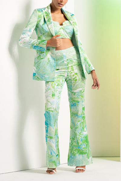 Green leaf print pant suit set