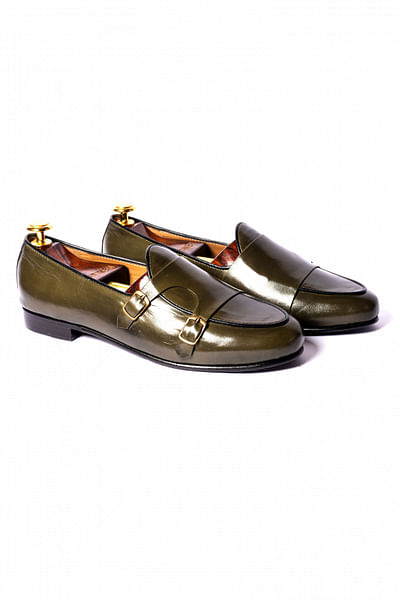 Green leather monk loafers