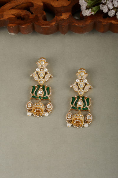 Green lotus moissanite polki long jhumkas