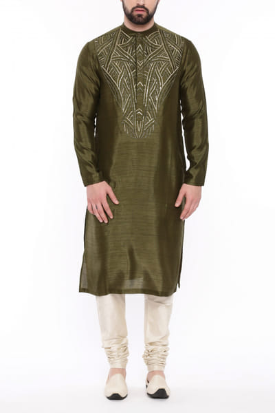 Green metallic embroidered kurta set