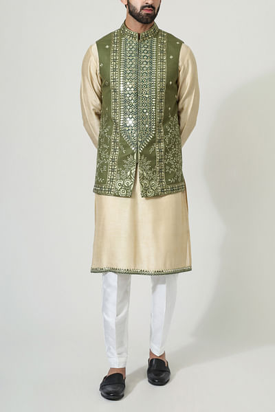 Green mirror detailed Nehru jacket kurta set